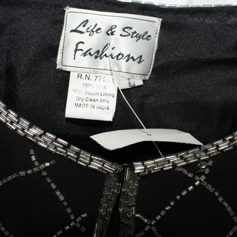 Women’s Silk Beaded Dress Jacket, Black and Silvertone, Size Large - Picture 4 of 6